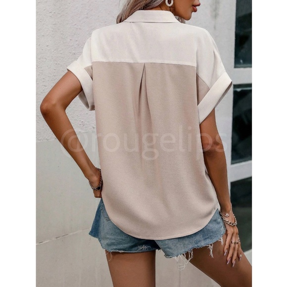 Rolled Up Batwing Sleeves Color Block 2 Tone Button Down Shirt Tan Beige - Picture 5 of 9